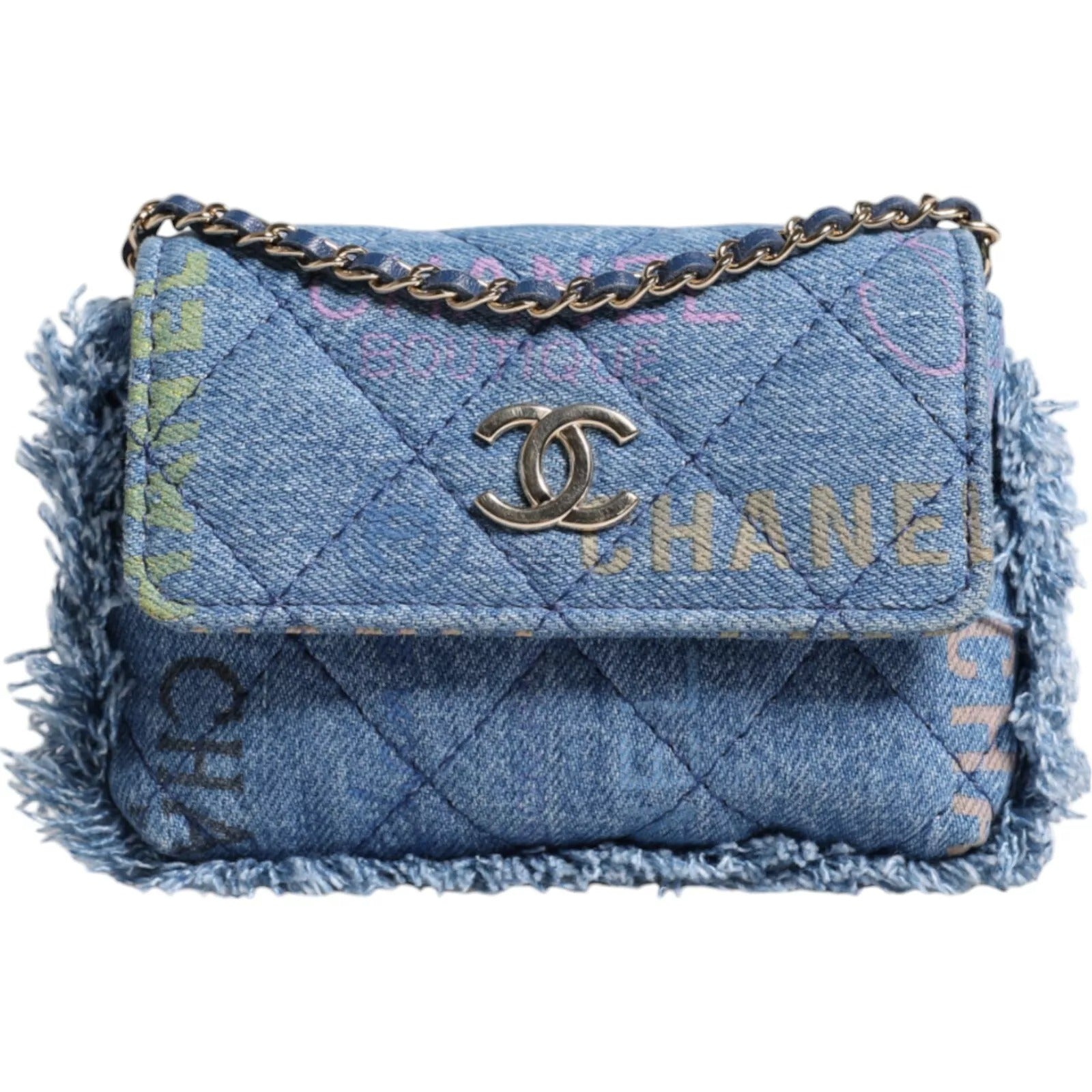 Chanel Denim Mood Flap Mikro Logo Baskılı Saçaklı Omuz Çantası